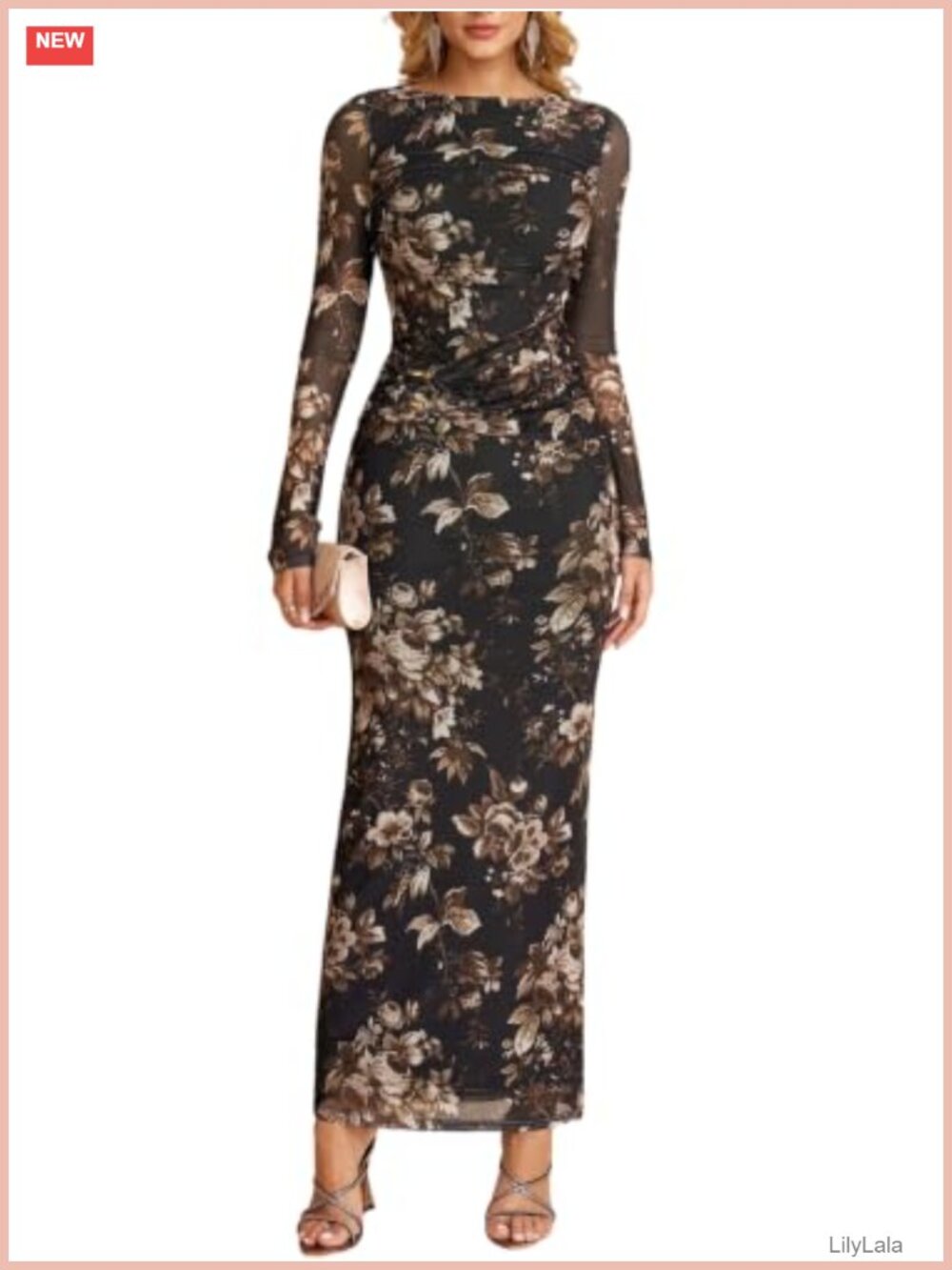 Long Sleeve Floral Maxi Dress Stretchy Mesh Bodycon Formal Wedding Guest